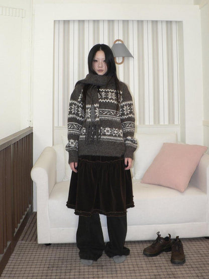 ang project Thermal Vintage Loose Printed Knit Women Crew Neck Coffee Brown Sweater