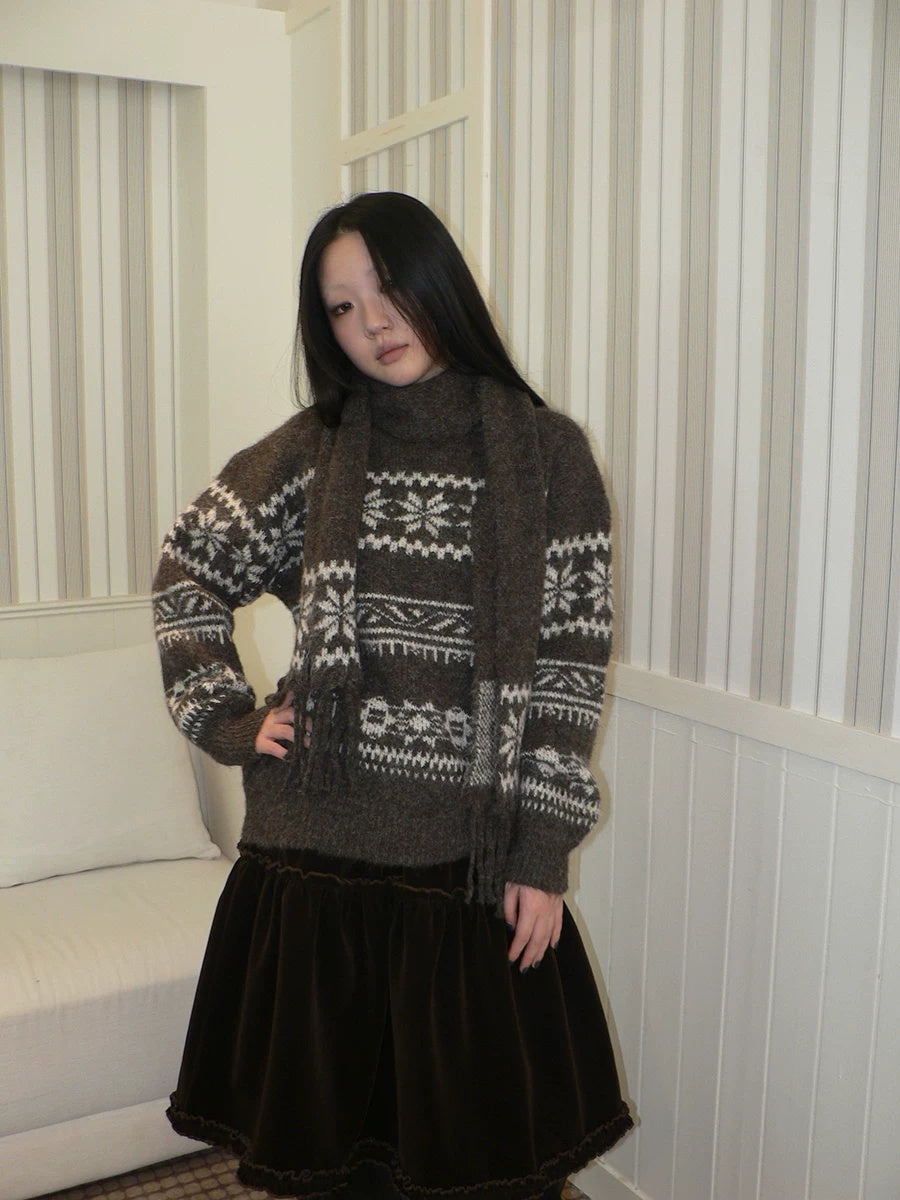 ang project Thermal Vintage Loose Printed Knit Women Crew Neck Coffee Brown Sweater