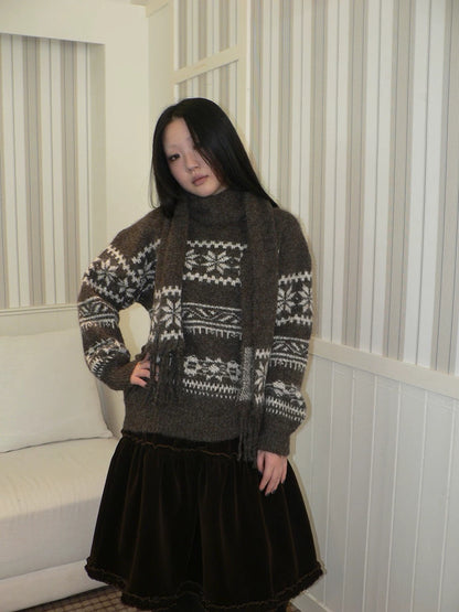 ang project Thermal Vintage Loose Printed Knit Women Crew Neck Coffee Brown Sweater