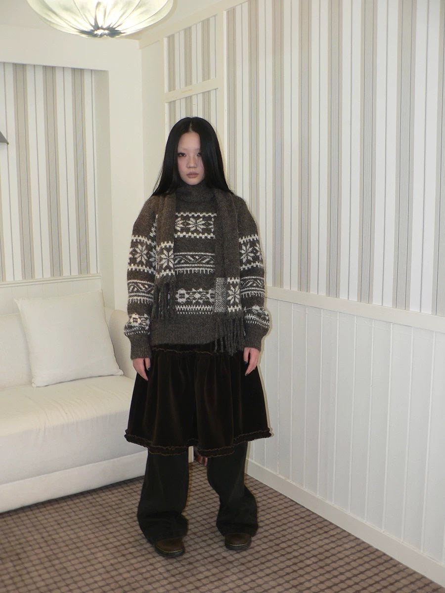 ang project Thermal Vintage Loose Printed Knit Women Crew Neck Coffee Brown Sweater