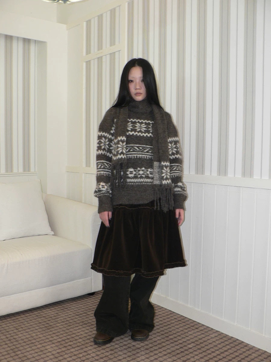 ang project Thermal Vintage Loose Printed Knit Women Crew Neck Coffee Brown Sweater