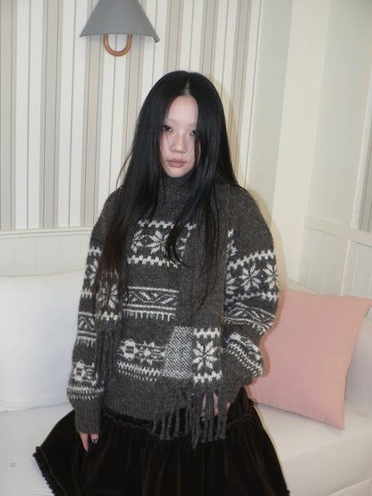 ang project Thermal Vintage Loose Printed Knit Women Crew Neck Coffee Brown Sweater