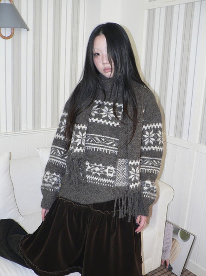 ang project Thermal Vintage Loose Printed Knit Women Crew Neck Coffee Brown Sweater