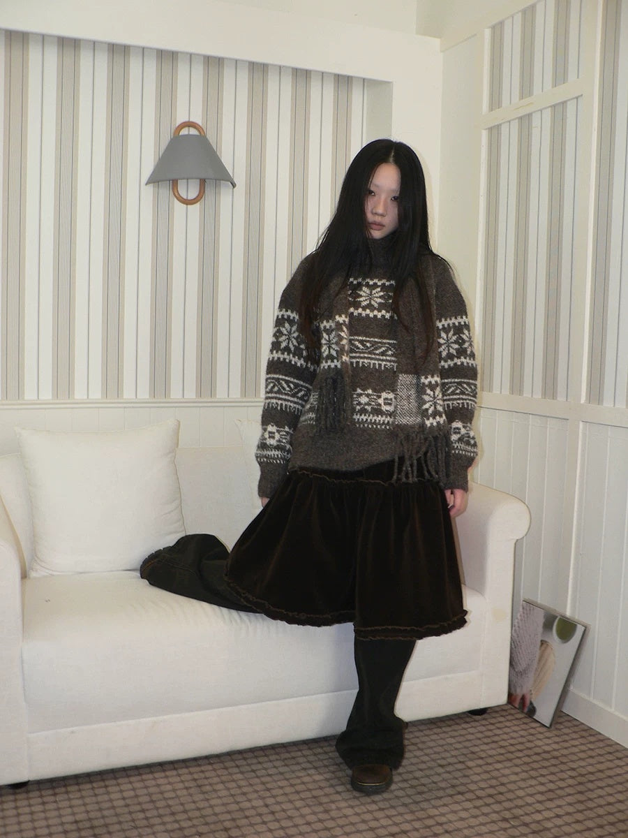 ang project Thermal Vintage Loose Printed Knit Women Crew Neck Coffee Brown Sweater