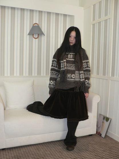 ang project Thermal Vintage Loose Printed Knit Women Crew Neck Coffee Brown Sweater