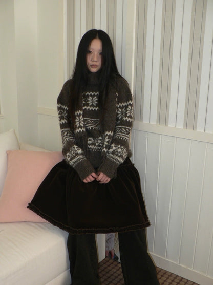 ang project Thermal Vintage Loose Printed Knit Women Crew Neck Coffee Brown Sweater