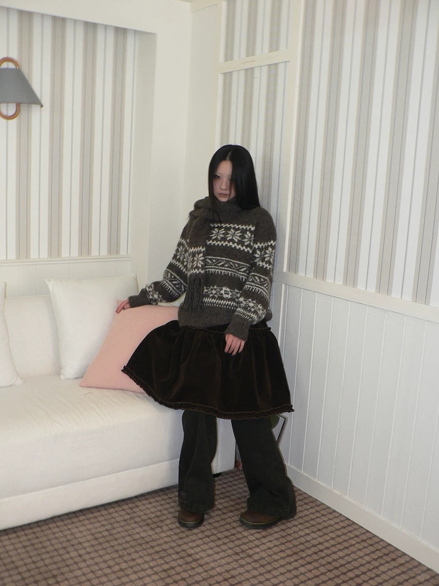 ang project Thermal Vintage Loose Printed Knit Women Crew Neck Coffee Brown Sweater