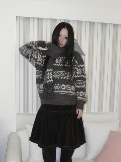 ang project Thermal Vintage Loose Printed Knit Women Crew Neck Coffee Brown Sweater