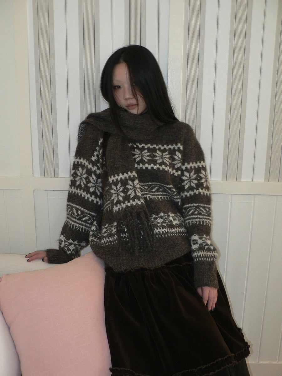 ang project Thermal Vintage Loose Printed Knit Women Crew Neck Coffee Brown Sweater