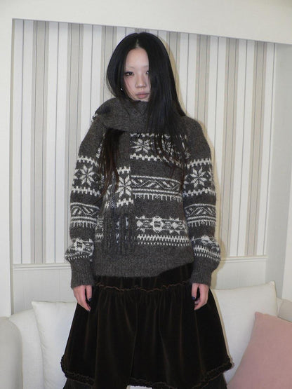 ang project Thermal Vintage Loose Printed Knit Women Crew Neck Coffee Brown Sweater