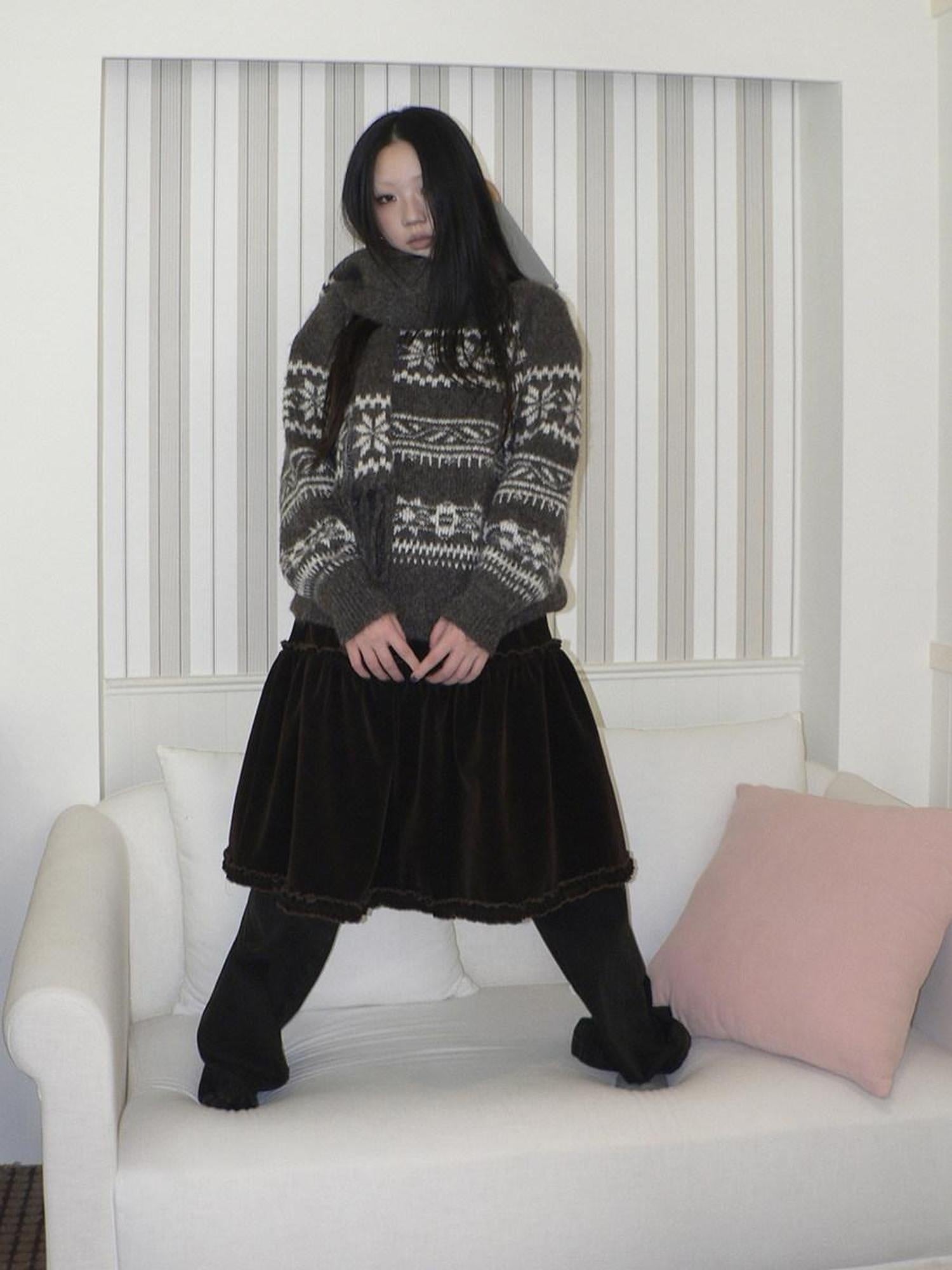 ang project Thermal Vintage Loose Printed Knit Women Crew Neck Coffee Brown Sweater