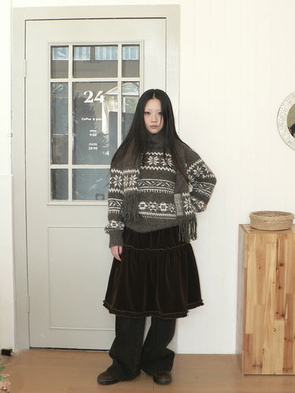 ang project Thermal Vintage Loose Printed Knit Women Crew Neck Coffee Brown Sweater
