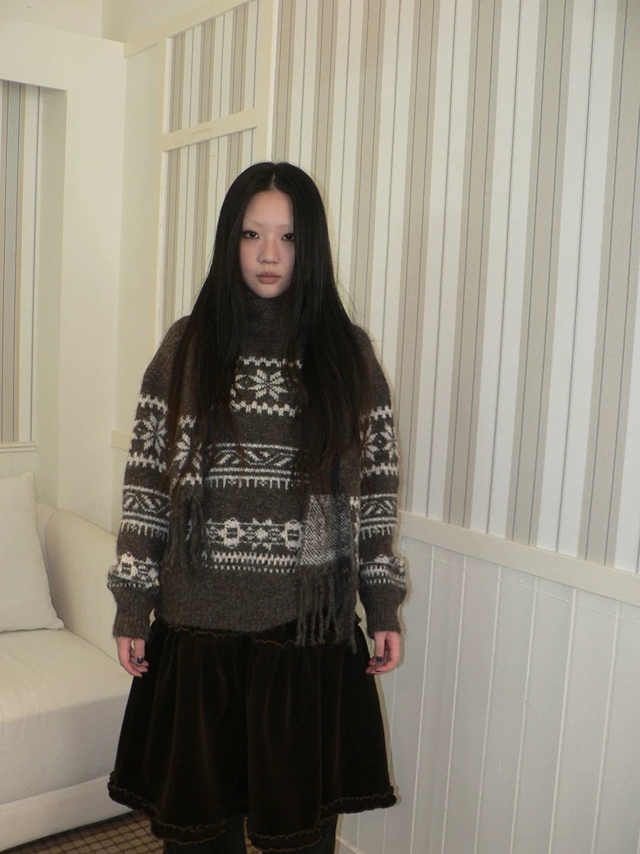 ang project Thermal Vintage Loose Printed Knit Women Crew Neck Coffee Brown Sweater