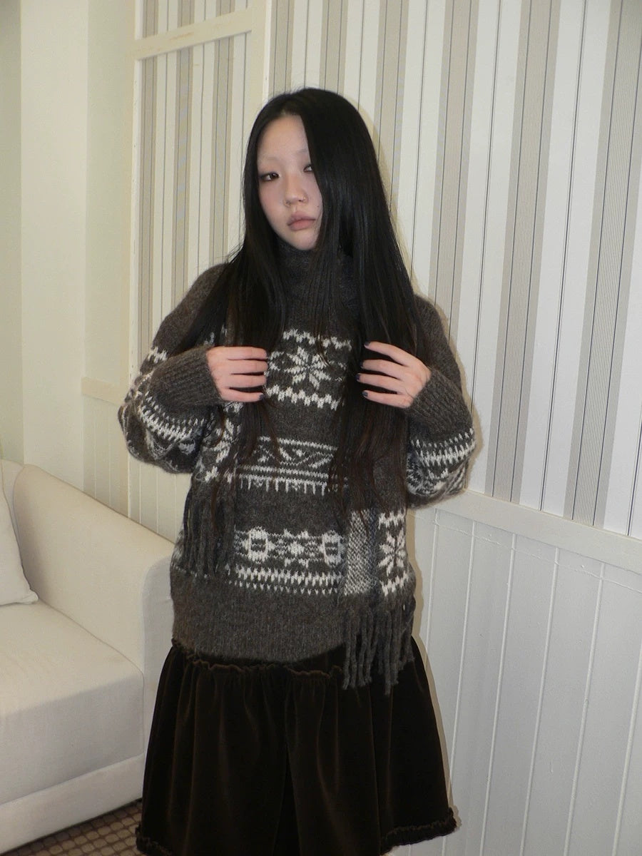 ang project Thermal Vintage Loose Printed Knit Women Crew Neck Coffee Brown Sweater