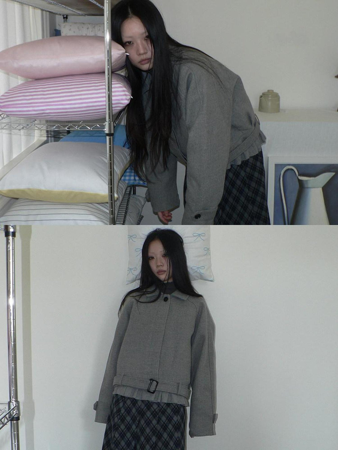 ang project Thick Vintage Oversized Lapel Button Short Long Sleeve Open Women Grey Jacket