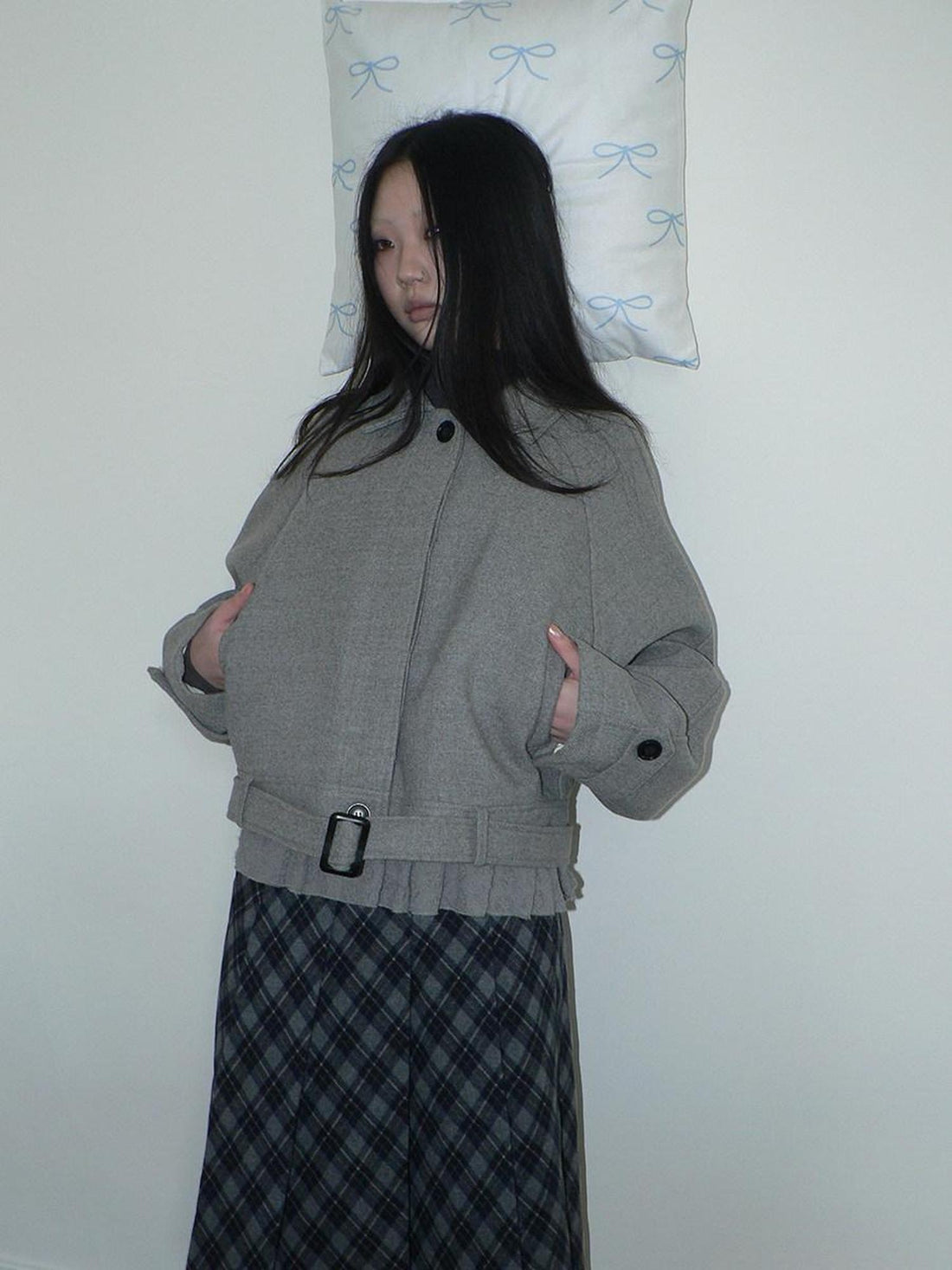 ang project Thick Vintage Oversized Lapel Button Short Long Sleeve Open Women Grey Jacket
