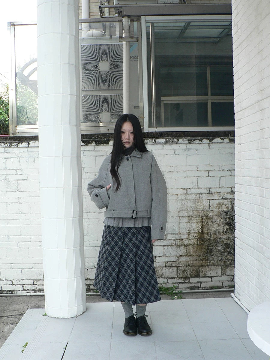 ang project Thick Vintage Oversized Lapel Button Short Long Sleeve Open Women Grey Jacket