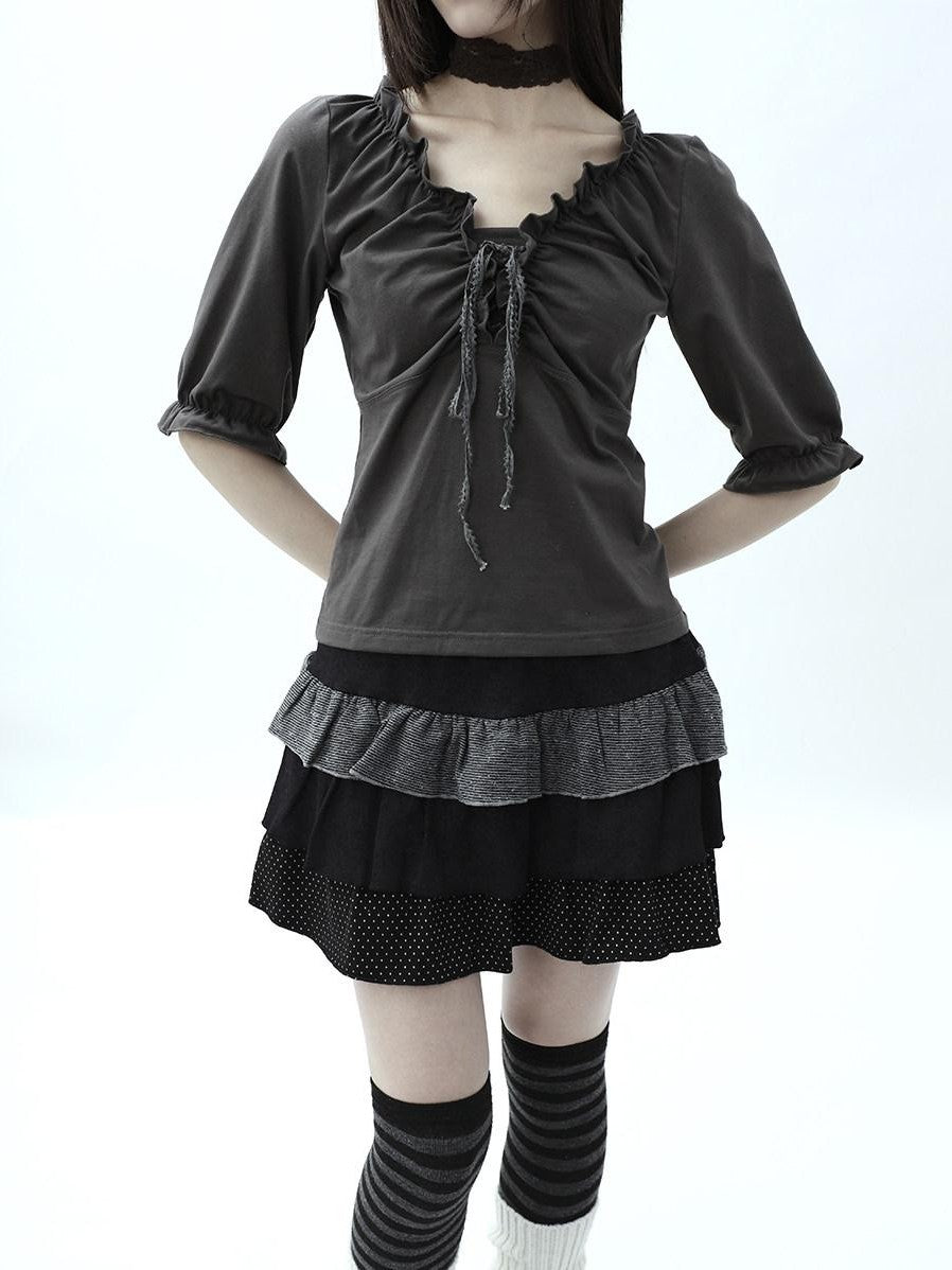 ang project Tiered Ruffle Striped Polka Dot Patchwork Women&