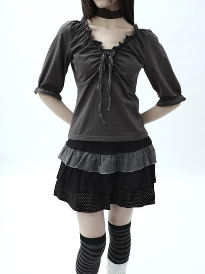 ang project Tiered Ruffle Striped Polka Dot Patchwork Women&
