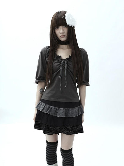 ang project Tiered Ruffle Striped Polka Dot Patchwork Women&