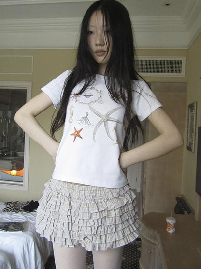 Tiered Sweet Plaid High Waisted Shorts Skirt With Elastic Waistband