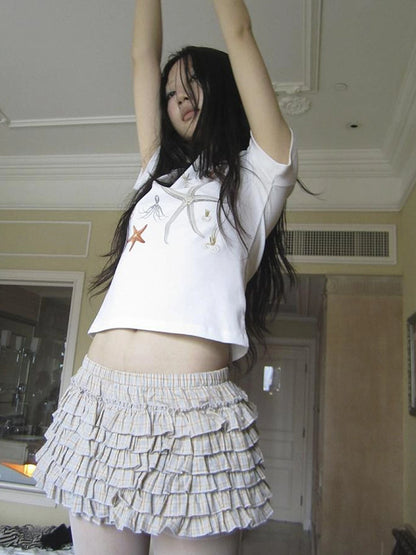 Tiered Sweet Plaid High Waisted Shorts Skirt With Elastic Waistband