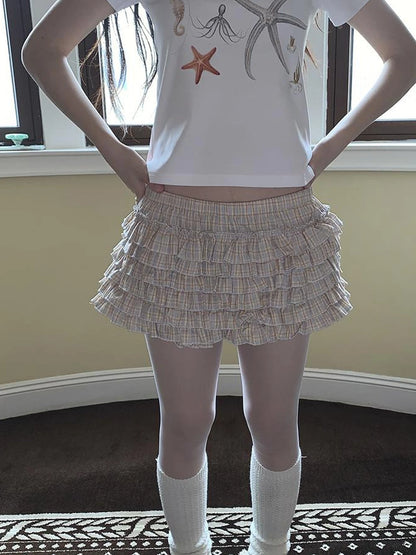 Tiered Sweet Plaid High Waisted Shorts Skirt With Elastic Waistband