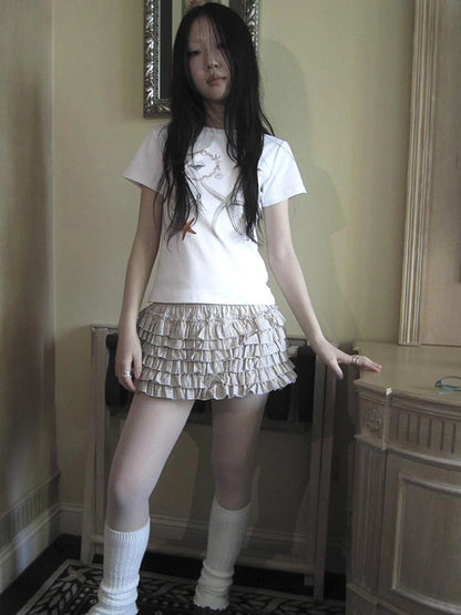 Tiered Sweet Plaid High Waisted Shorts Skirt With Elastic Waistband