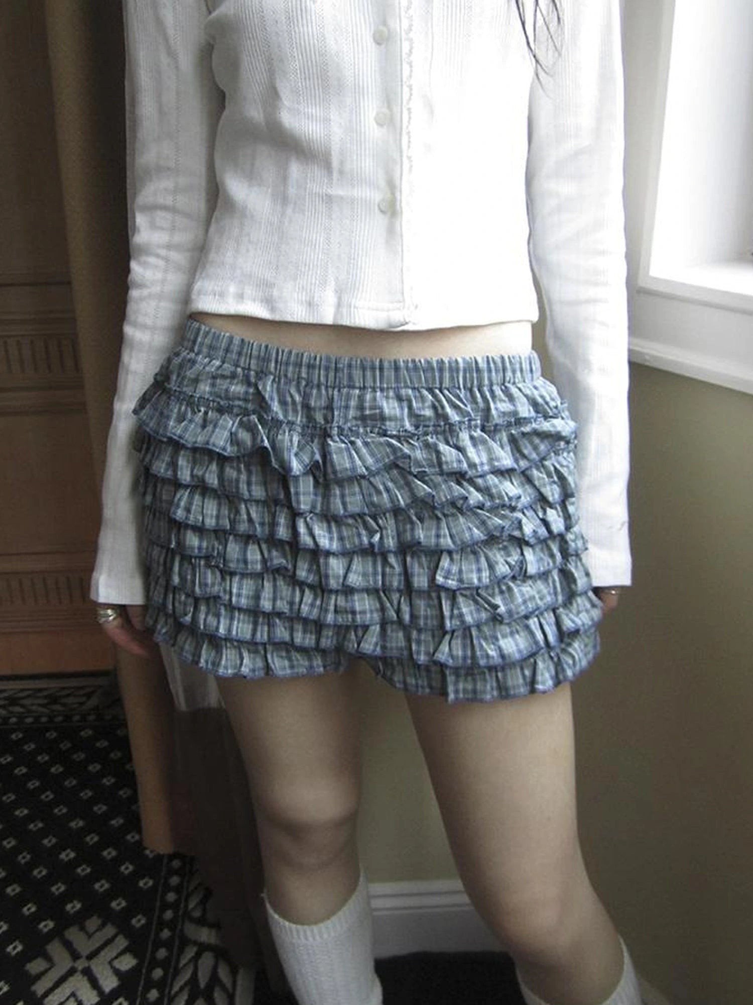 Tiered Sweet Plaid High Waisted Shorts Skirt With Elastic Waistband