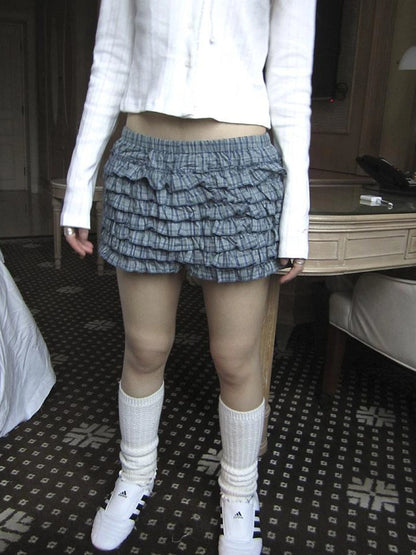 Tiered Sweet Plaid High Waisted Shorts Skirt With Elastic Waistband