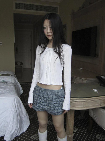 Tiered Sweet Plaid High Waisted Shorts Skirt With Elastic Waistband