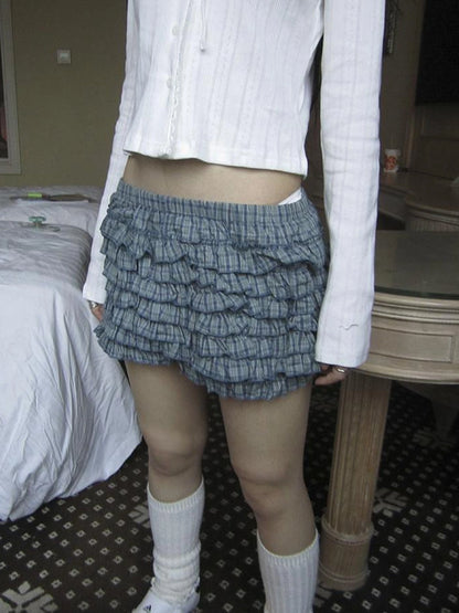 Tiered Sweet Plaid High Waisted Shorts Skirt With Elastic Waistband