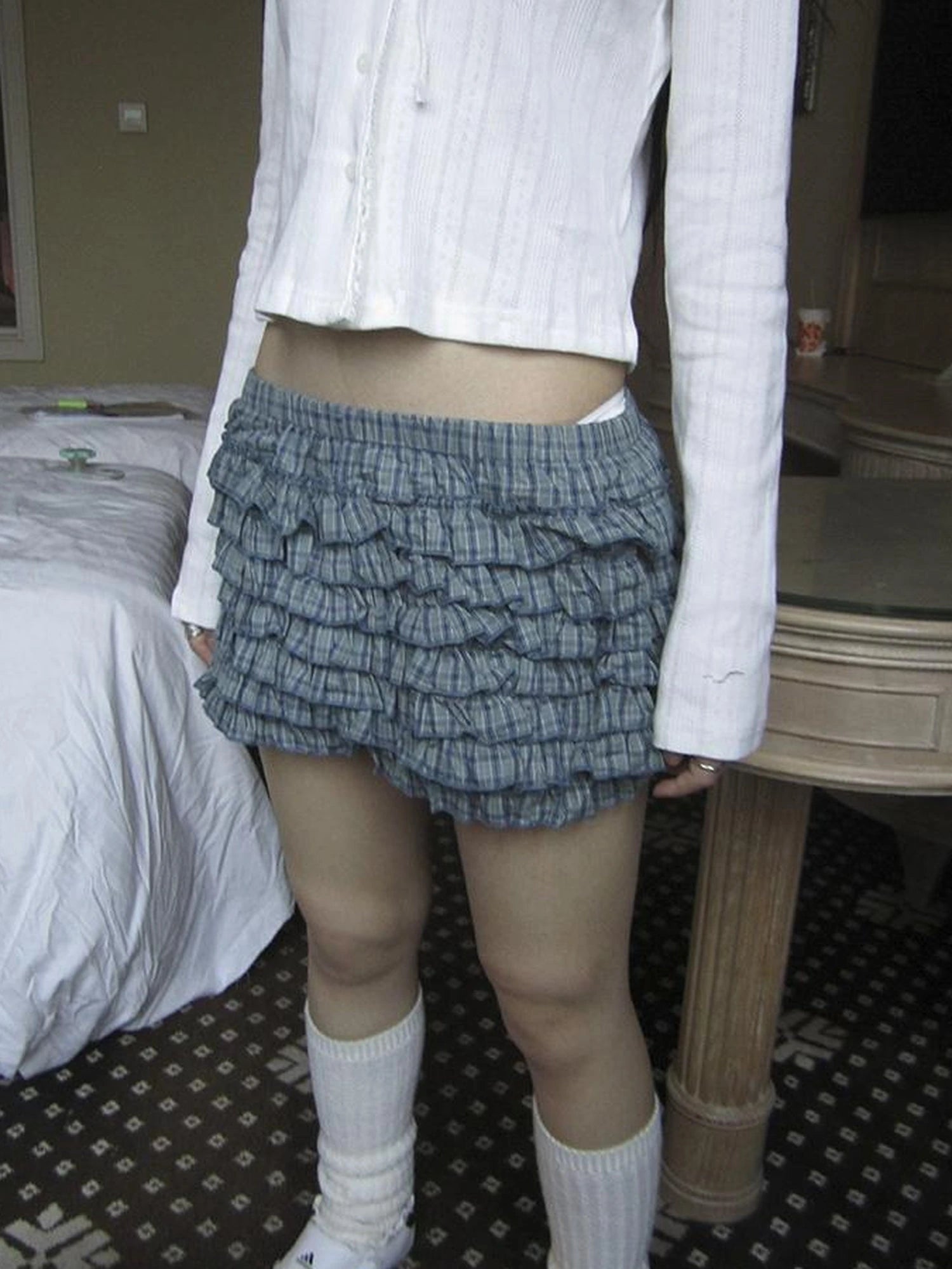 Tiered Sweet Plaid High Waisted Shorts Skirt With Elastic Waistband