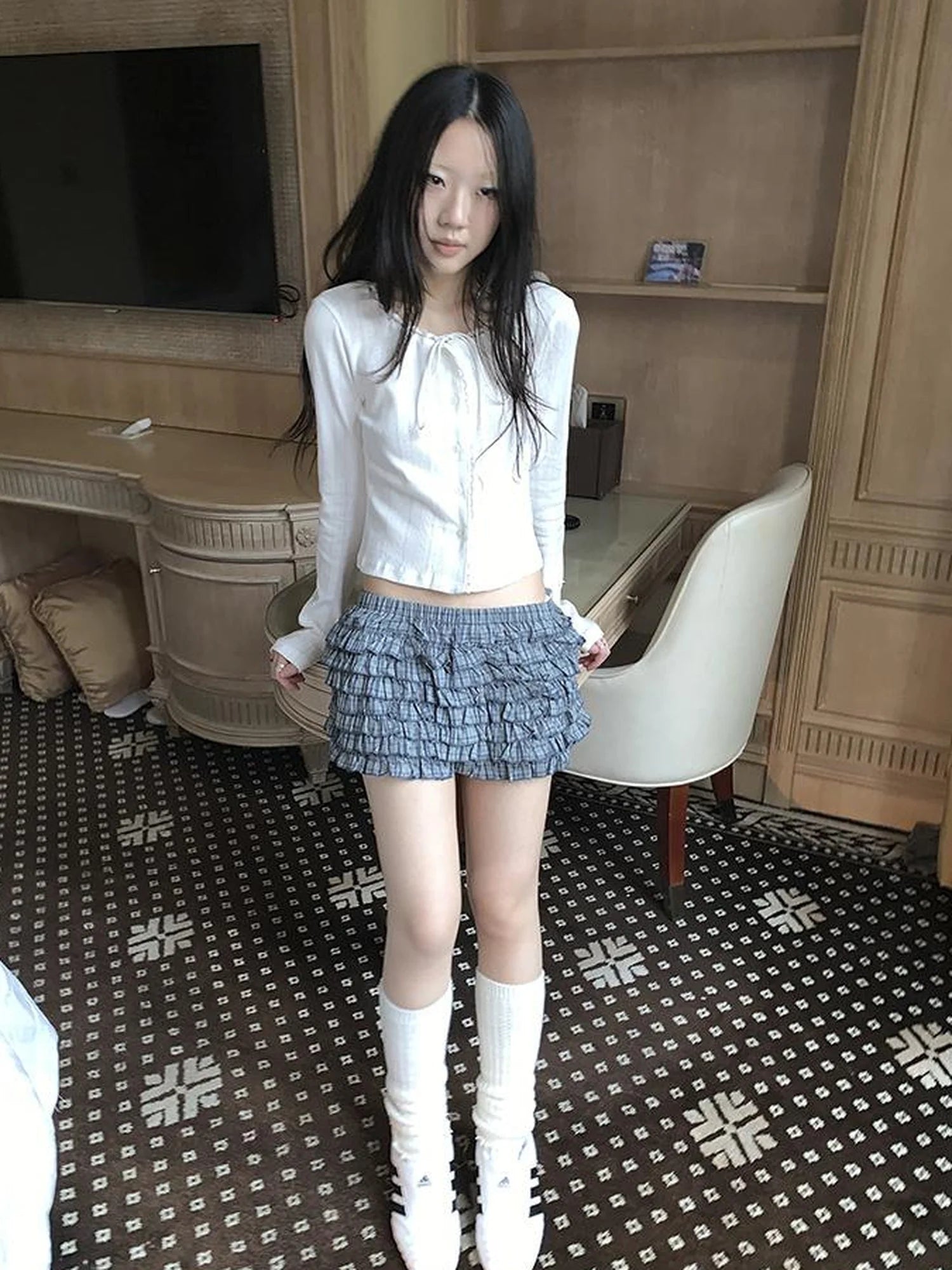 Tiered Sweet Plaid High Waisted Shorts Skirt With Elastic Waistband