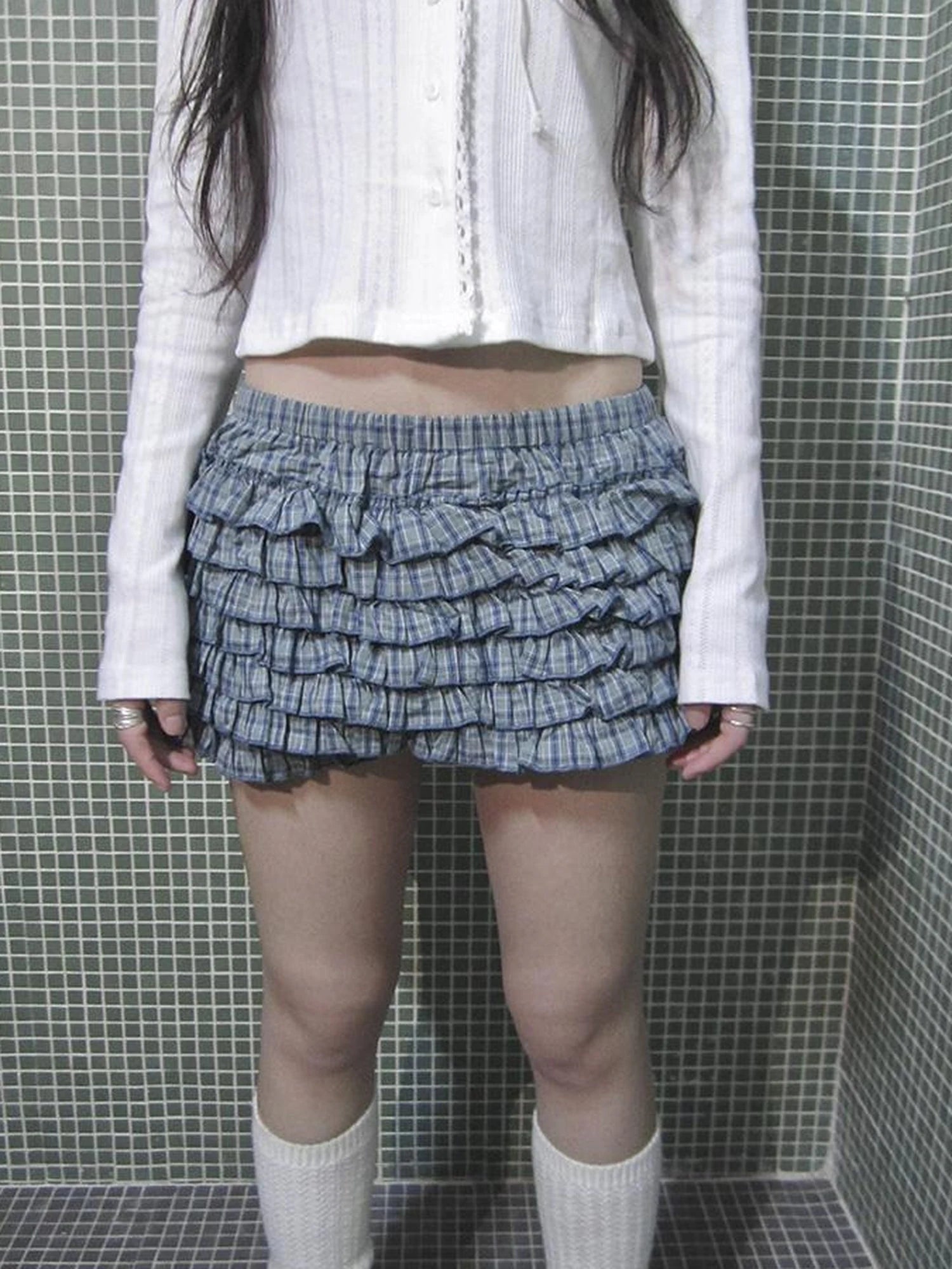 Tiered Sweet Plaid High Waisted Shorts Skirt With Elastic Waistband