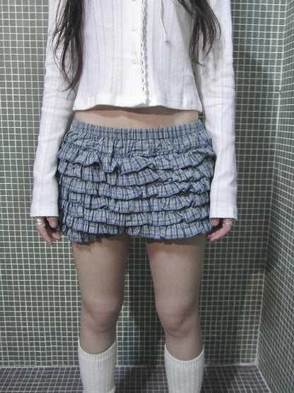 Tiered Sweet Plaid High Waisted Shorts Skirt With Elastic Waistband