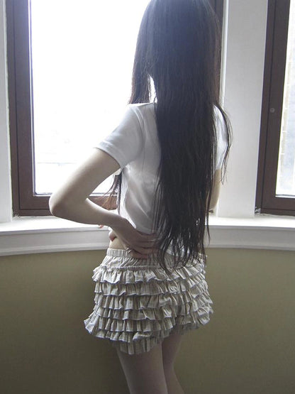 Tiered Sweet Plaid High Waisted Shorts Skirt With Elastic Waistband