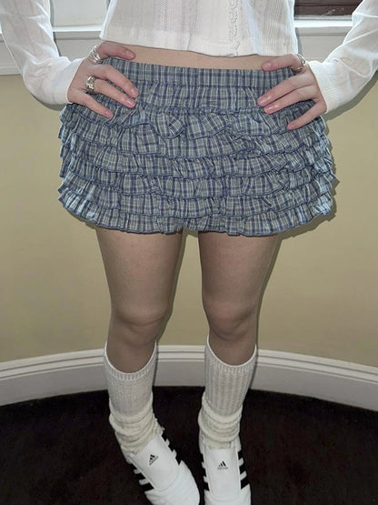 Tiered Sweet Plaid High Waisted Shorts Skirt With Elastic Waistband