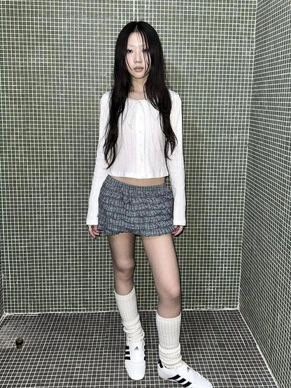 Tiered Sweet Plaid High Waisted Shorts Skirt With Elastic Waistband