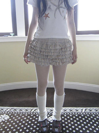 Tiered Sweet Plaid High Waisted Shorts Skirt With Elastic Waistband