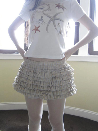 Tiered Sweet Plaid High Waisted Shorts Skirt With Elastic Waistband