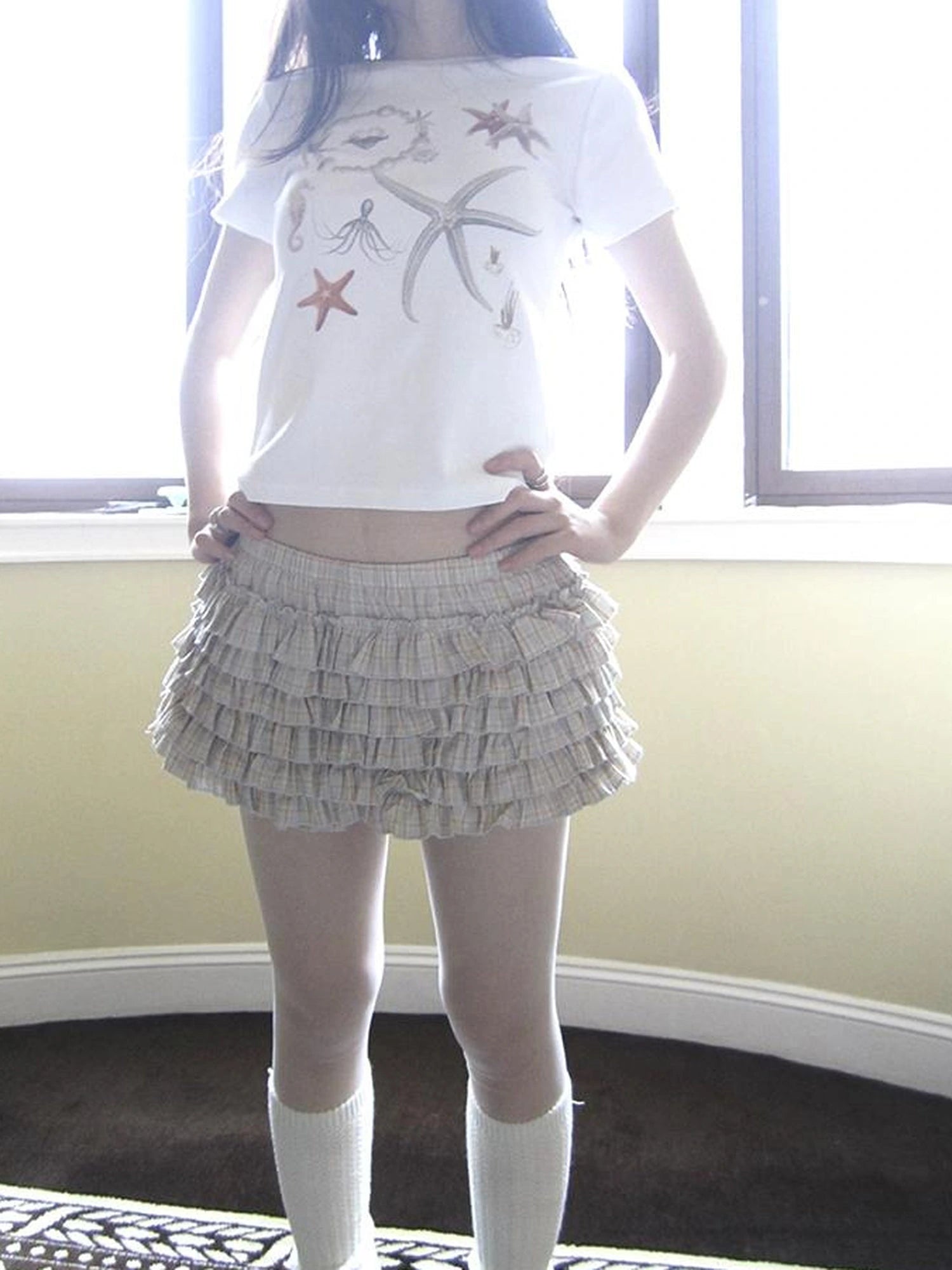 Tiered Sweet Plaid High Waisted Shorts Skirt With Elastic Waistband