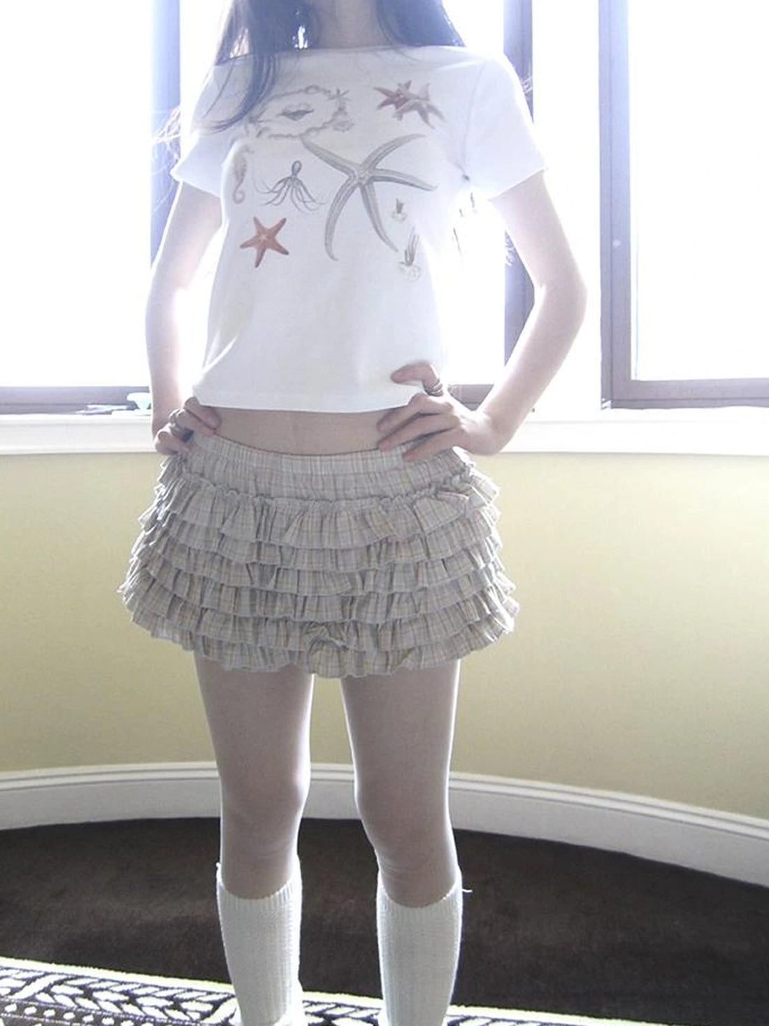 Tiered Sweet Plaid High Waisted Shorts Skirt With Elastic Waistband