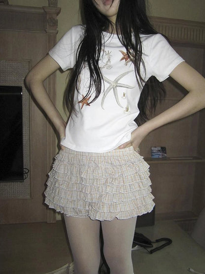 Tiered Sweet Plaid High Waisted Shorts Skirt With Elastic Waistband