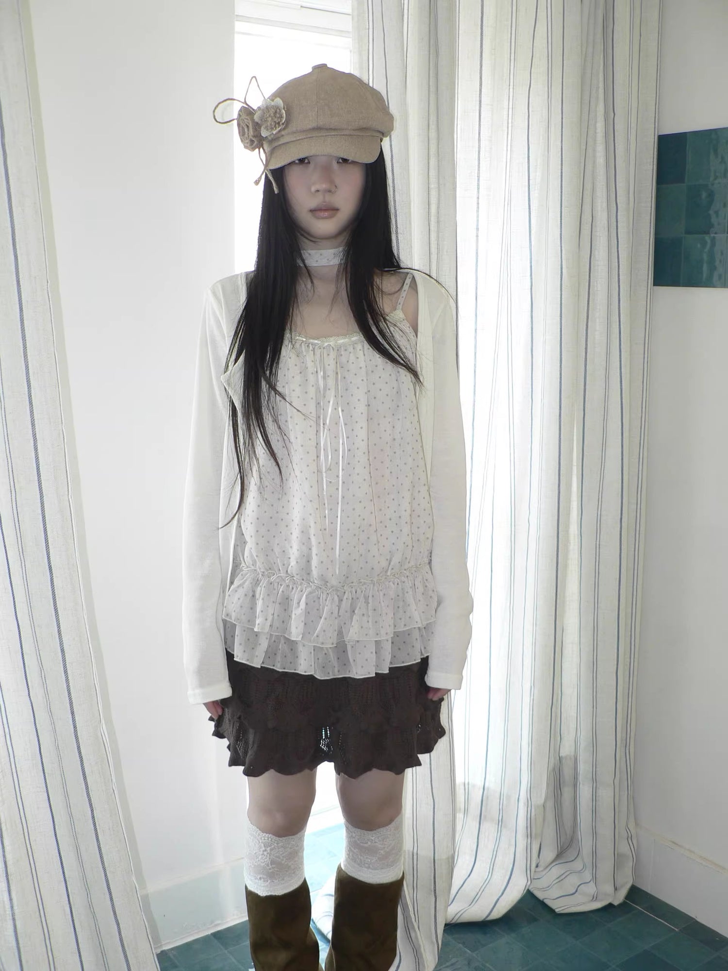 ang project Two Piece Polka Dot Korean Long Sleeve Pullover Women Apricot Mint T-Shirt