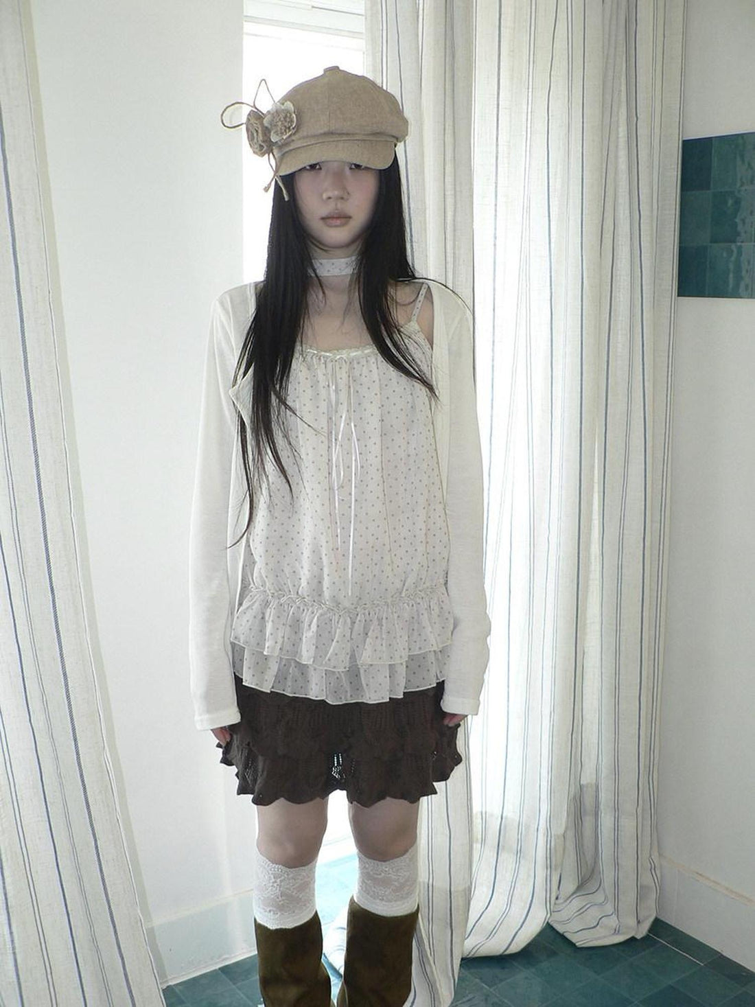 ang project Two Piece Polka Dot Korean Long Sleeve Pullover Women Apricot Mint T-Shirt