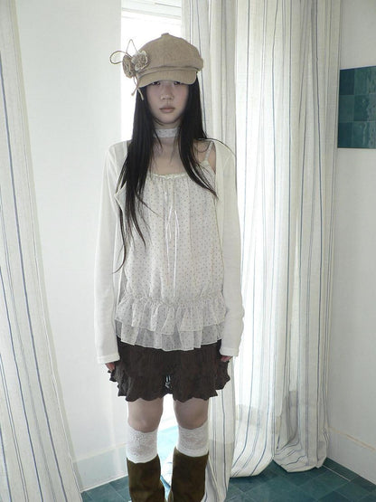 ang project Two Piece Polka Dot Korean Long Sleeve Pullover Women Apricot Mint T-Shirt