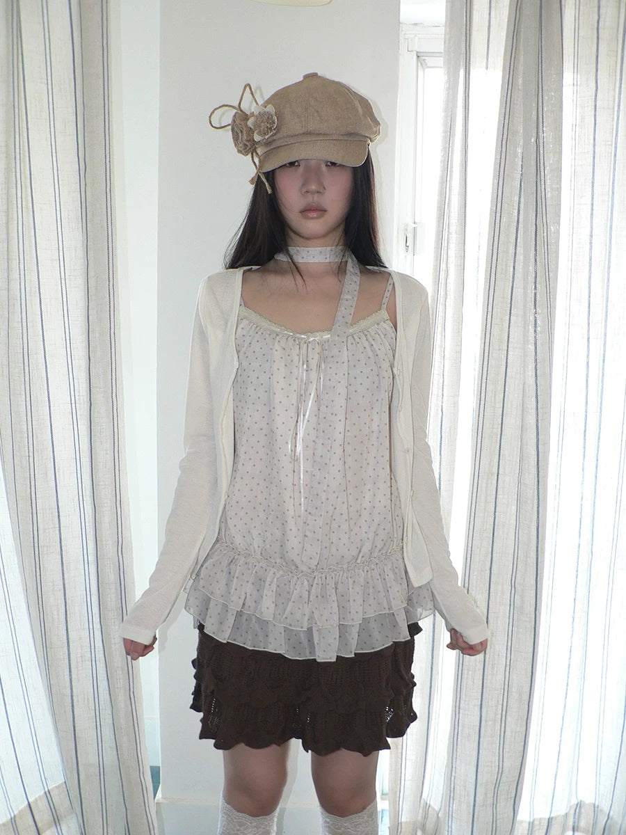 ang project Two Piece Polka Dot Korean Long Sleeve Pullover Women Apricot Mint T-Shirt