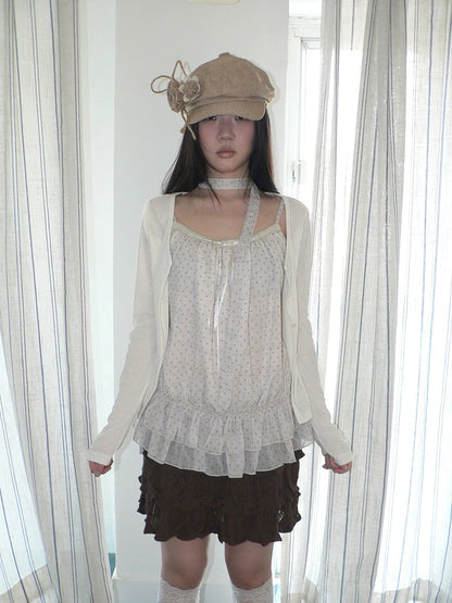 ang project Two Piece Polka Dot Korean Long Sleeve Pullover Women Apricot Mint T-Shirt