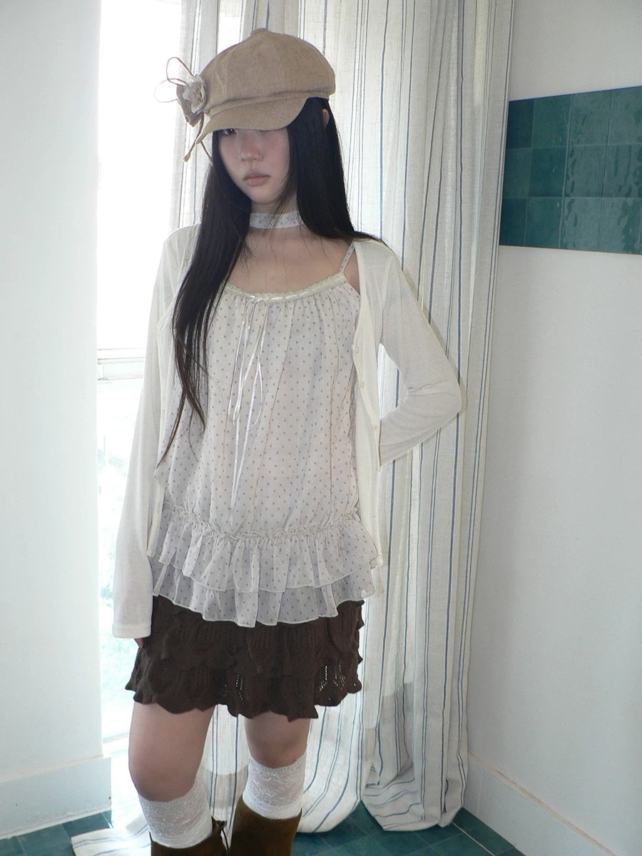 ang project Two Piece Polka Dot Korean Long Sleeve Pullover Women Apricot Mint T-Shirt